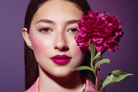 Close-up portrait of woman with glossy pink lips and smooth skin holding bright pink flower near her face against purple backdrop. Fashion concept in beauty creative style.の写真素材