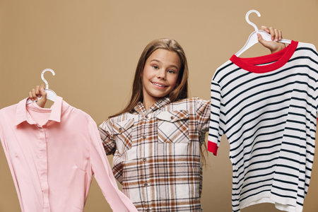Girl smiling holding two hangers with pink shirt and striped sweater for clothing choice, fashion, shopping and style on beige background. Young female with casual outfit.の写真素材