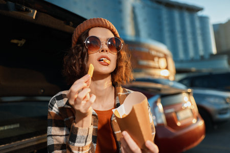 Woman eating fries by car trunk wearing sunglasses and beanie in urban parking, candid lifestyle moment with authenticity, golden hour glow and emotional storytelling, mindful living.の写真素材