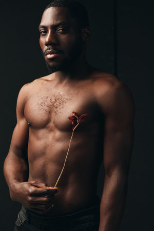 African man with dark skin and muscular body holding a dried flower in creative conceptual visual style. Portrait with moody lighting and artistic expression on black background.の写真素材