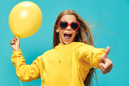 Young woman in yellow hoodie holding yellow balloon with excited expression and thumb up against blue background for celebration and joy.の写真素材