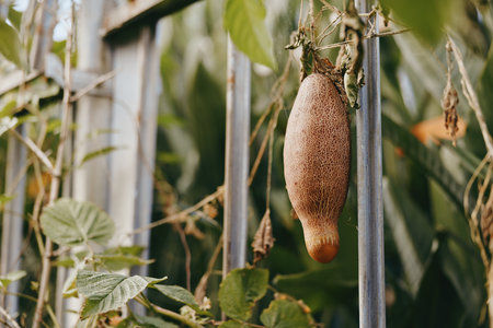 Hanging fruit hairy gourd on vine beside a metal fence in a garden, closeup of ripe fuzzy skin and dried tendrils, tropical outdoor backyard scene with soft late summer light.の写真素材