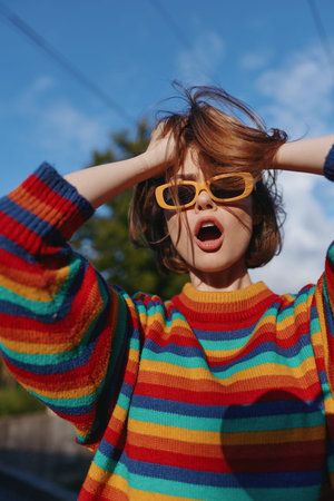 Woman portrait wearing sunglasses and colorful sweater, surprised expression outdoors; fashion short hair, rainbow stripes and sunlight on face for vibrant candid street style.の写真素材