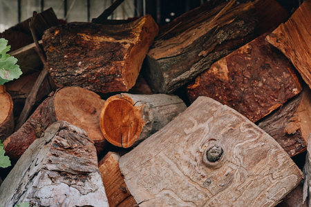Firewood stacked logs cut wood pile closeup showing bark and tree rings in a rustic outdoor rural backyard, autumn supply for fireplace and wood stove, natural textured timber storage.の写真素材