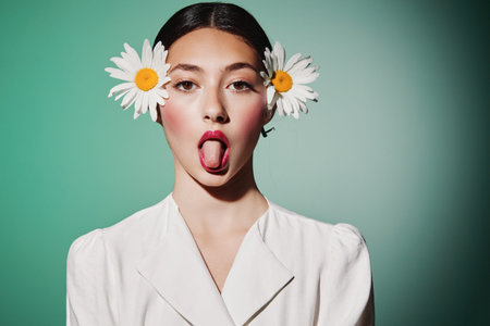 Young woman in white outfit with daisies in her hair sticks out tongue playfully on a teal background. Creative beauty and fashion concept with fresh and vibrant style.の写真素材