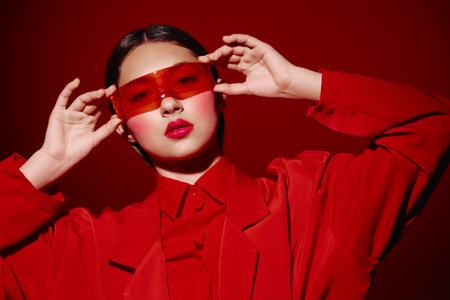 Fashionable young woman wears oversized red coat and matching translucent red sunglasses, posing confidently against deep red background. Concept for beauty, fashion, creative style.の写真素材