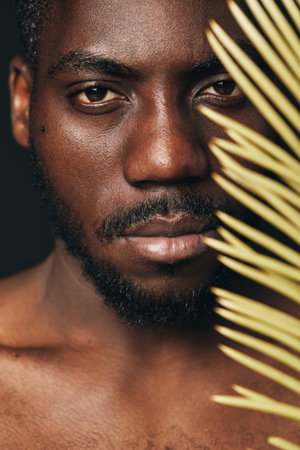 African man portrait with dark skin and beard in creative conceptual visual style closeup with palm leaf on black background for beauty and fashion photography series.の写真素材