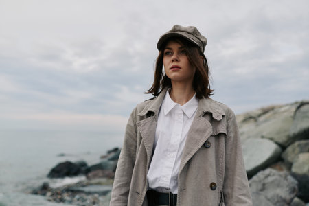 Young woman in stylish coat and hat stands near rocky shore under overcast sky. Fashion outfit and...