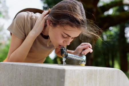 Woman drinking from a public fountain in a park, young female leaning over a stone basin to sip...