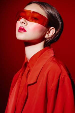 Fashion model in bold red outfit and tinted futuristic sunglasses poses with head tilted back....