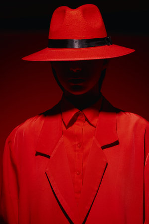 Close-up of a mysterious fashion model dressed in vibrant red clothing and a wide-brimmed hat,...