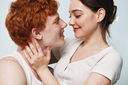 Couple, love, romance, intimacy and affection with woman holding man face close together for tender...
