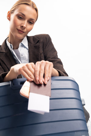 Young woman in formal jacket holds passport and boarding pass while packing blue suitcase. Travel concept for business trip, tourism, and vacation preparation on white background.の写真素材