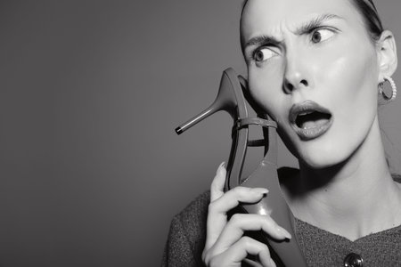 Confused white woman with pale skin holding a high heel shoe near her ear as if it is a phone,...