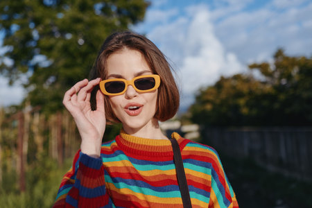 Woman, young woman, striped sweater, yellow sunglasses, smiling: early twenties female with short...