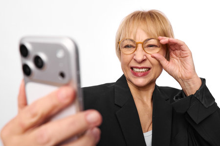 Smiling mature woman in glasses takes selfie with smartphone on white background. Concept of...
