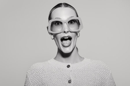 Surprised white woman with fair skin and slicked back hair wears oversized glasses and knitted...