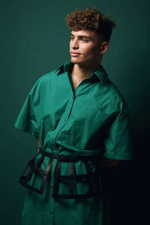 Young man with curly hair wearing oversized police inspired outfit in green attentively looking to...