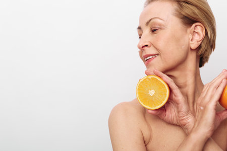 Mature woman with short blonde hair holds fresh orange halves near her shoulder smiling softly on white background. Concept of healthy lifestyle, natural beauty, and wellness care.の写真素材