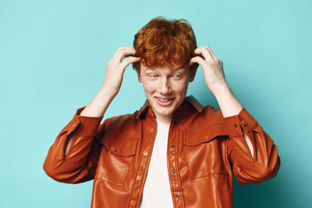 Young man with red hair wearing brown leather jacket touches head smiling and looking down on light blue background. Casual style, portrait, emotions and hairstyle concept in studio.の写真素材