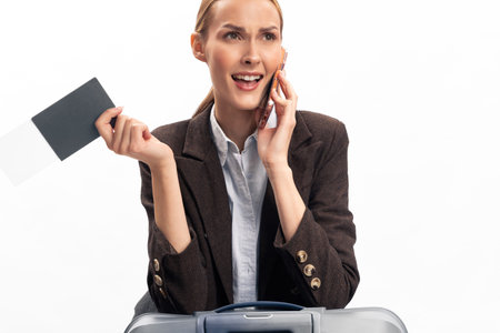 Young woman in business attire holds passport and talks on phone with excited expression. Concept of travel planning, business trip, and communication, with luggage in foreground on white background.の写真素材