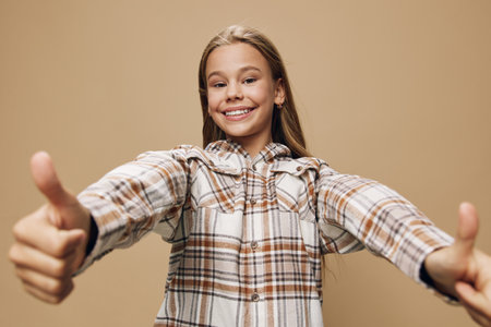 Girl smiling and showing thumbs up in plaid shirt with long hair standing on beige background. Happy...