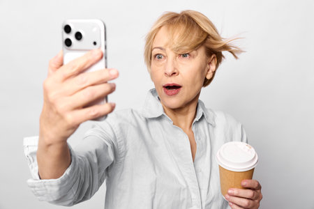 Surprised middle aged woman in casual shirt takes selfie with smartphone while holding takeaway...