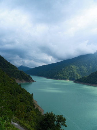 Lake, mountains, reservoir, forest, water, clouds, landscape, nature â€” turquoise reservoir...