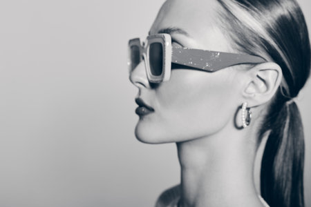 Profile of a fair skinned white woman wearing stylish sunglasses and hoop earrings with tied back...