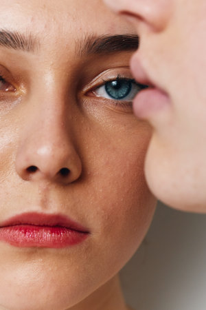 Closeup portrait of two women with natural skin and blue eyes, showing detailed facial features,...