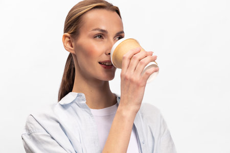 Young woman in casual white shirt drinks coffee from a paper cup, smiling softly. Isolated on white...