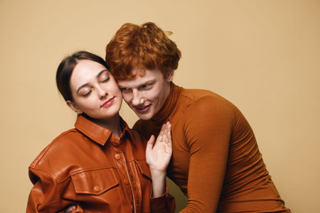 Couple, affection, love, emotions and closeness with young woman and man hugging in warm clothes...