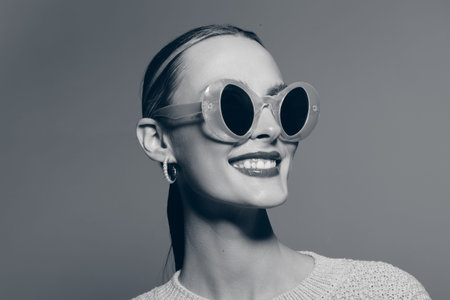 Portrait of a smiling Caucasian woman with light skin wearing round sunglasses and hoop earrings....