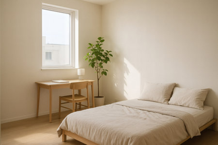 Minimalist Bedroom with Natural Light and Desk â Calm Modern Interior Inspiration for Stylish and Functional Home Spacesの素材
