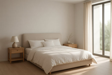 Serene Modern Bedroom Interior with Natural Light â Calm and Stylish Interior Inspiration for Cozy Home Spacesの素材