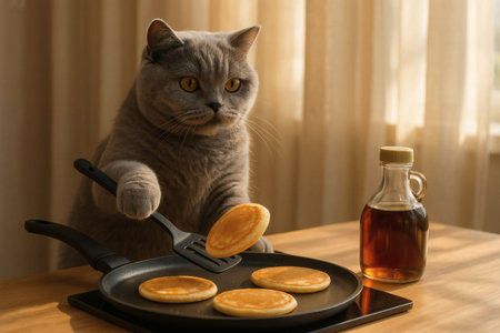 Realistic Cat Chef Making Pancakes â Culinary Creativity and Cozy Kitchen Inspirationの素材