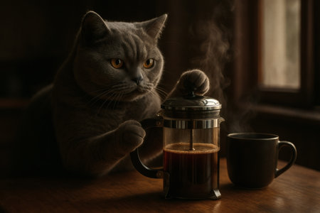 Realistic British Cat Barista Making Coffee â Cozy Morning Mood and CafÃ© Inspirationの素材