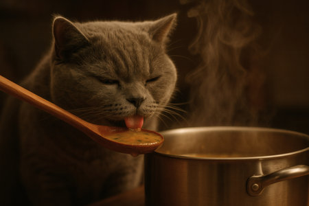 Realistic British Cat Tasting Soup â Cozy Culinary Moment and Home Cooking Inspirationの素材