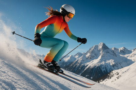 Female Skier Mid-Air Jump â Elegant Winter Sports and Alpine Adventureの素材