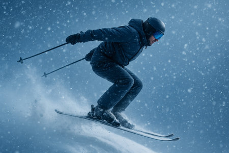 Dynamic Skier in Snowfall â Winter Sports Action and Alpine Adventureの素材