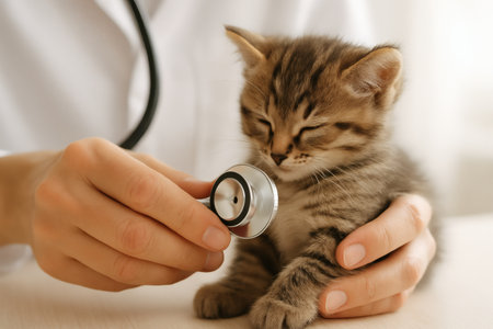 Veterinarian Checking Kittens Heartbeat â Gentle Pet Care and Professional Animal Healthの素材