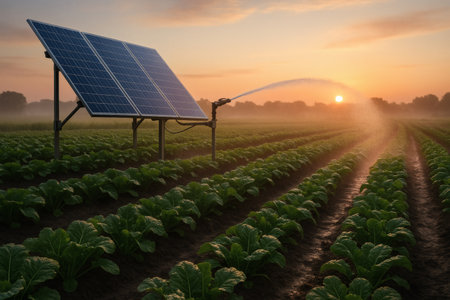 Solar Irrigation System at Dawn â Sustainable Farming and Renewable Energy Conceptの素材