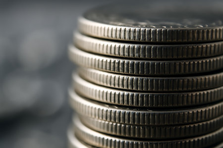 Stacks of coins on a dark background. Shallow depth of fieldの素材