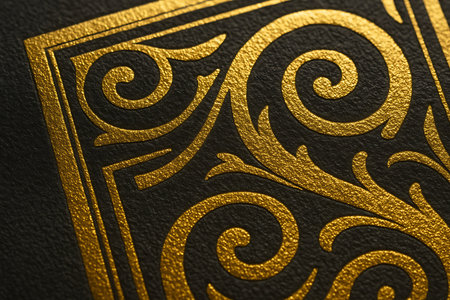 Gold pattern on a black background. Close-up. Selective focus.の素材