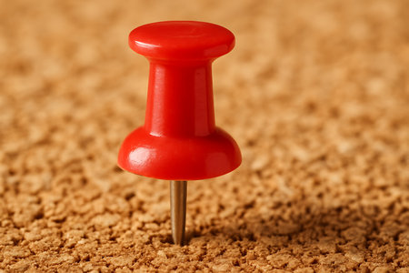 Red pushpin on a pile of coffee beans, close-upの素材