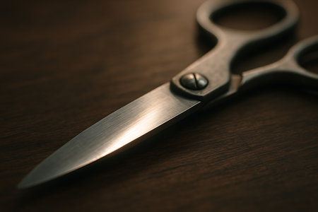 Scissors on a wooden background. Shallow depth of field. Toned.の素材