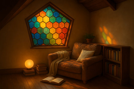 3d rendering of a room with a window and a book.の素材
