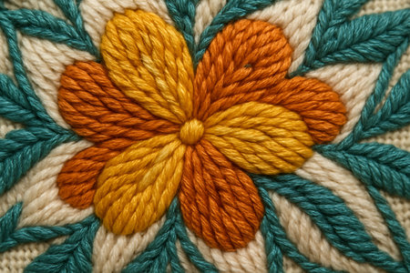 Handmade embroidery. Close-up of a fragment of a knitted patternの素材