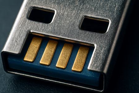 Close up of a USB flash drive on dark background. Selective focus.の素材