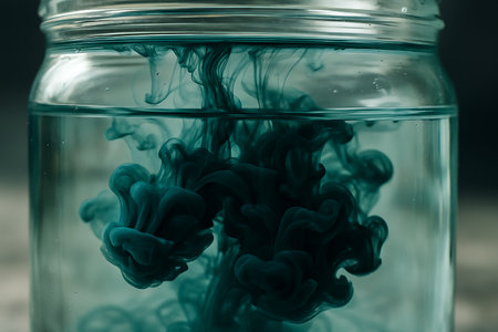 Colorful ink in water in a glass jar. Selective focus. Toned.の素材